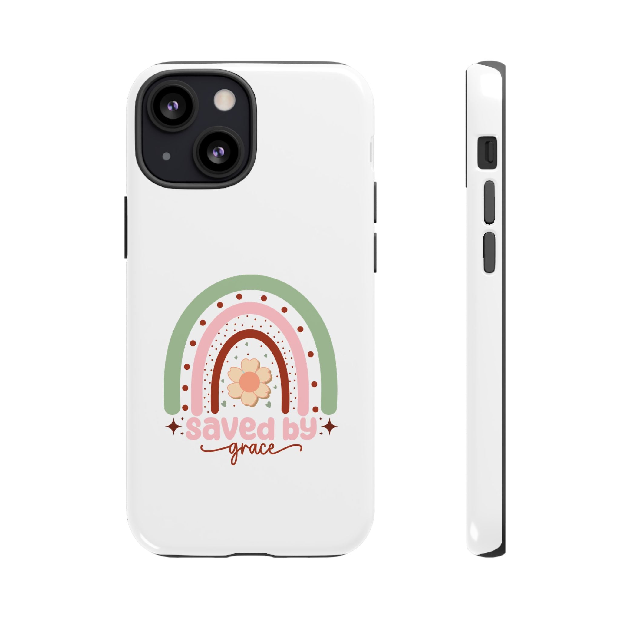 White iPhone case with rainbow graphic saying Saved by Grace displayed on an iPhone 13 Mini