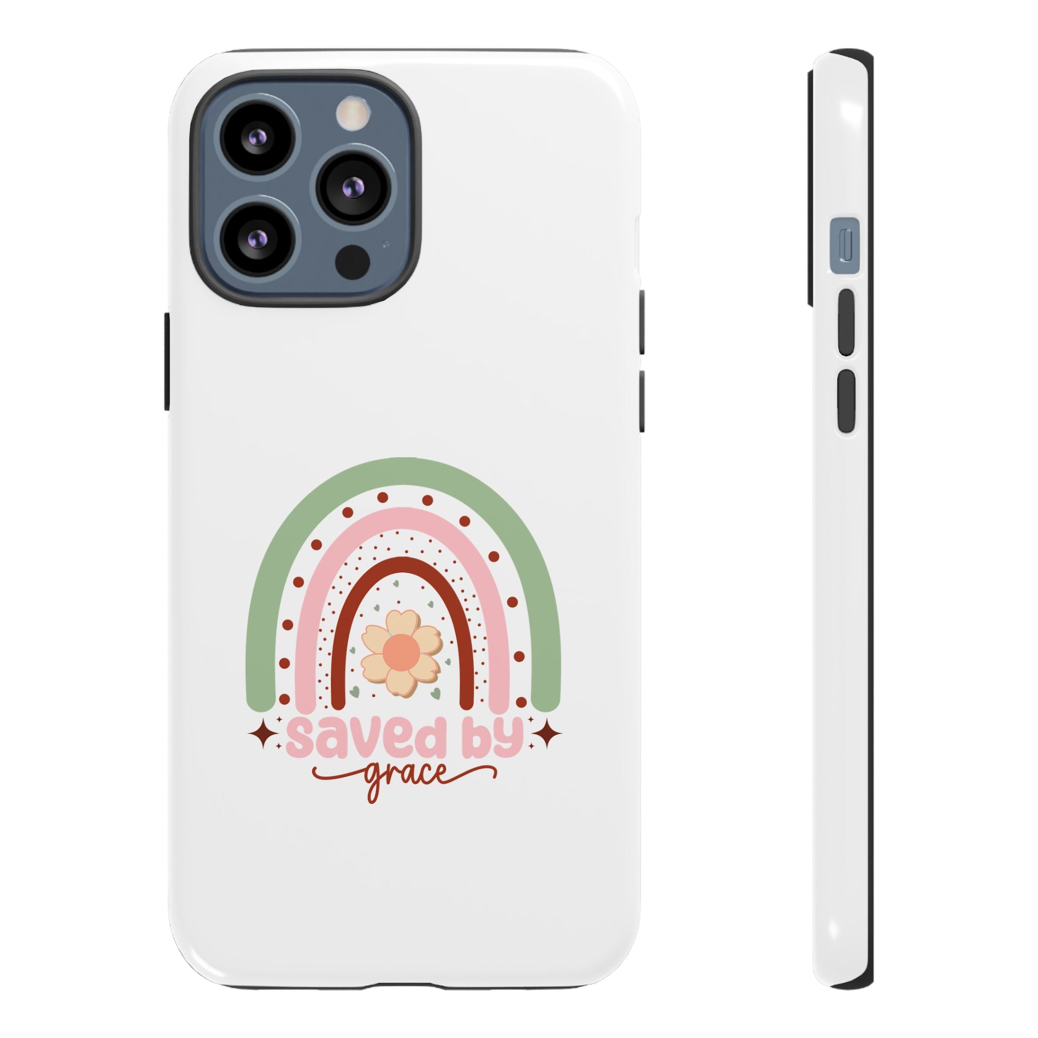White iPhone case with rainbow graphic saying Saved by Grace displayed on an iPhone 13 Pro Max