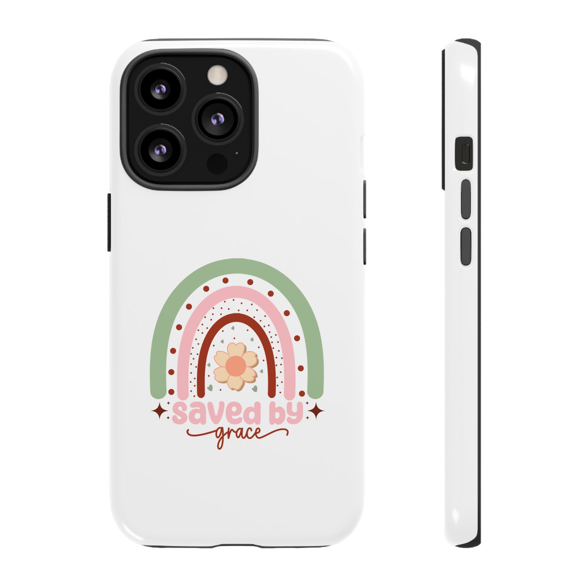 White iPhone case with rainbow graphic saying Saved by Grace displayed on an iPhone 13 Pro