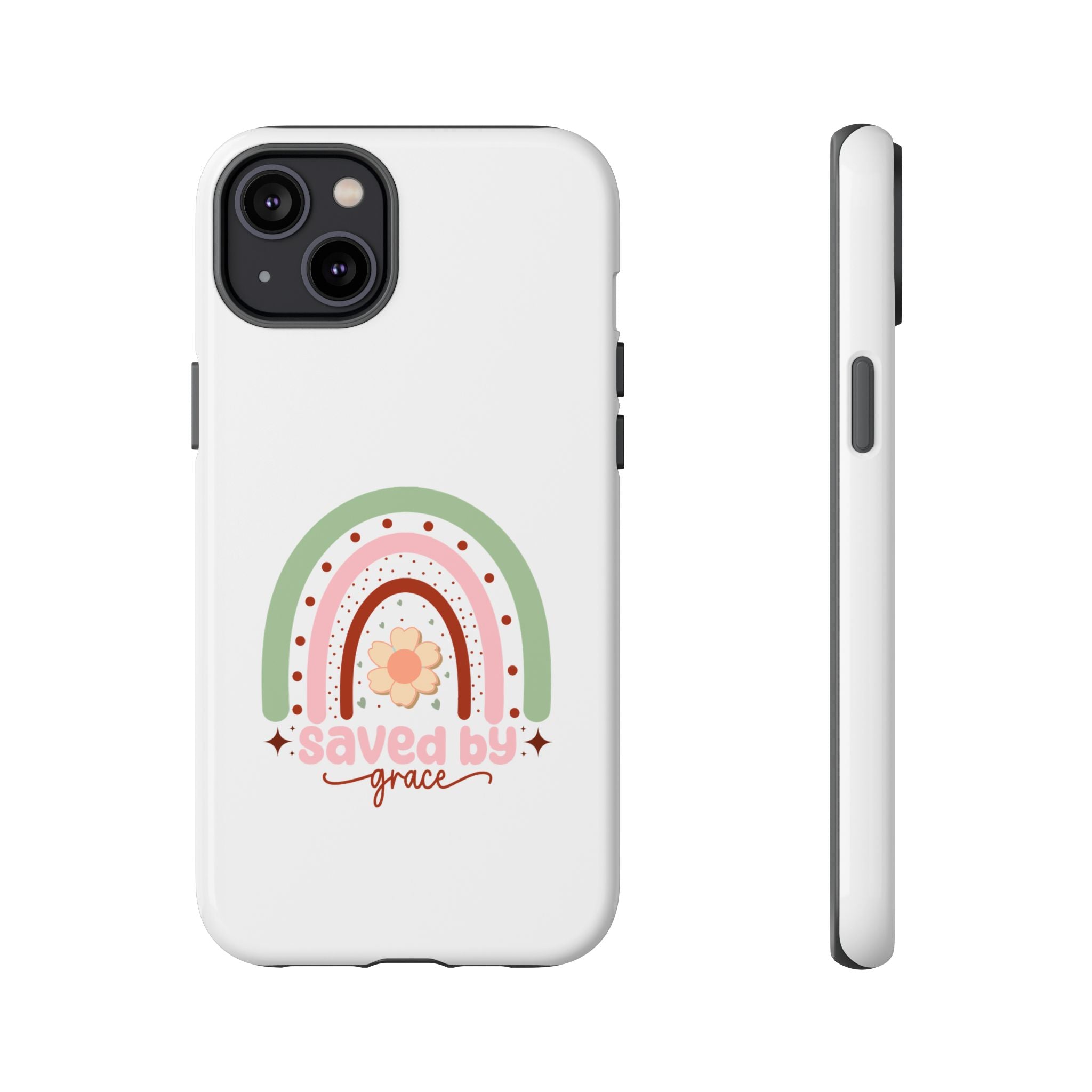 White iPhone case with a rainbow graphic saying Saved by Grace displayed on an iPhone 14 Plus
