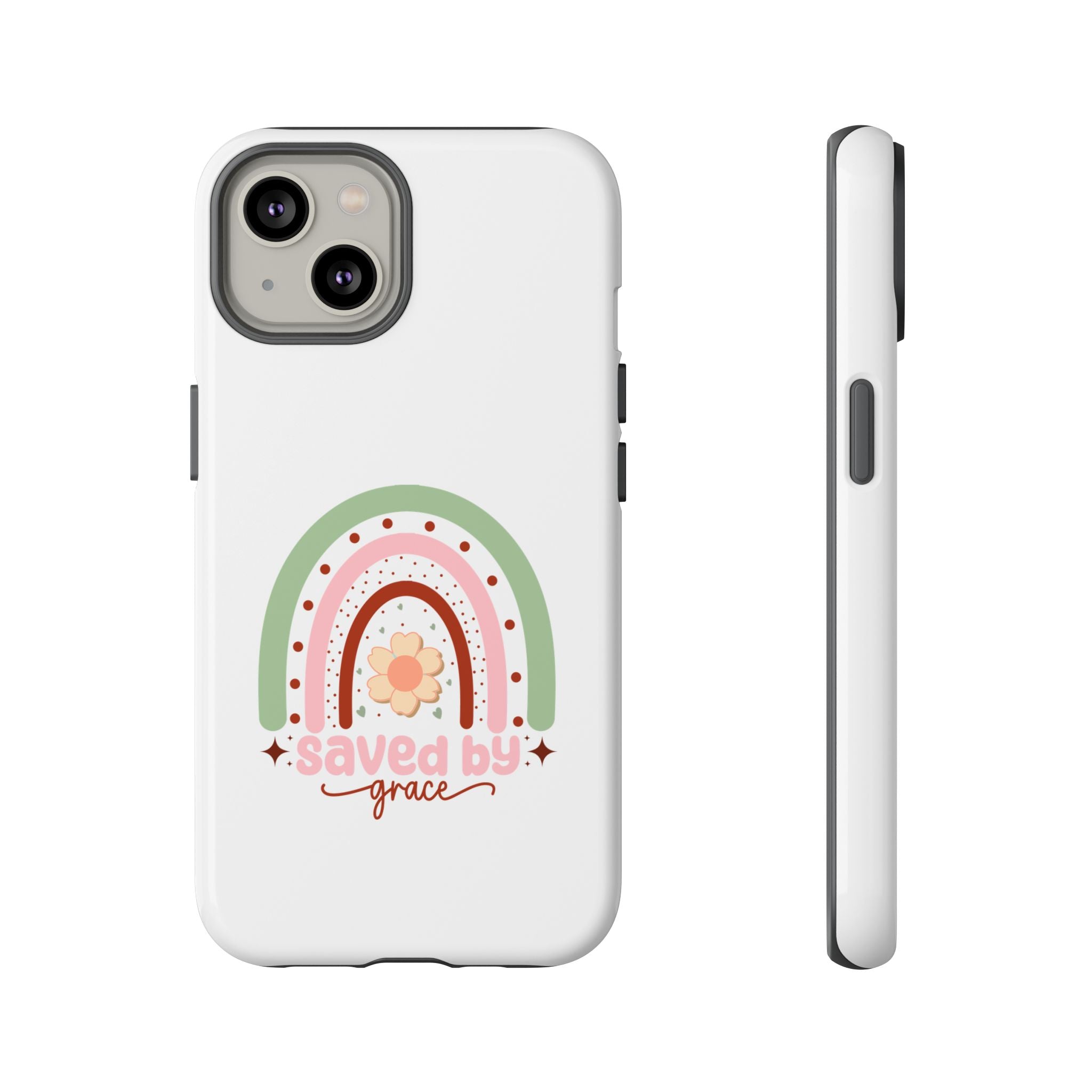 White iPhone case with rainbow graphic saying Saved by Grace displayed on an iPhone 14