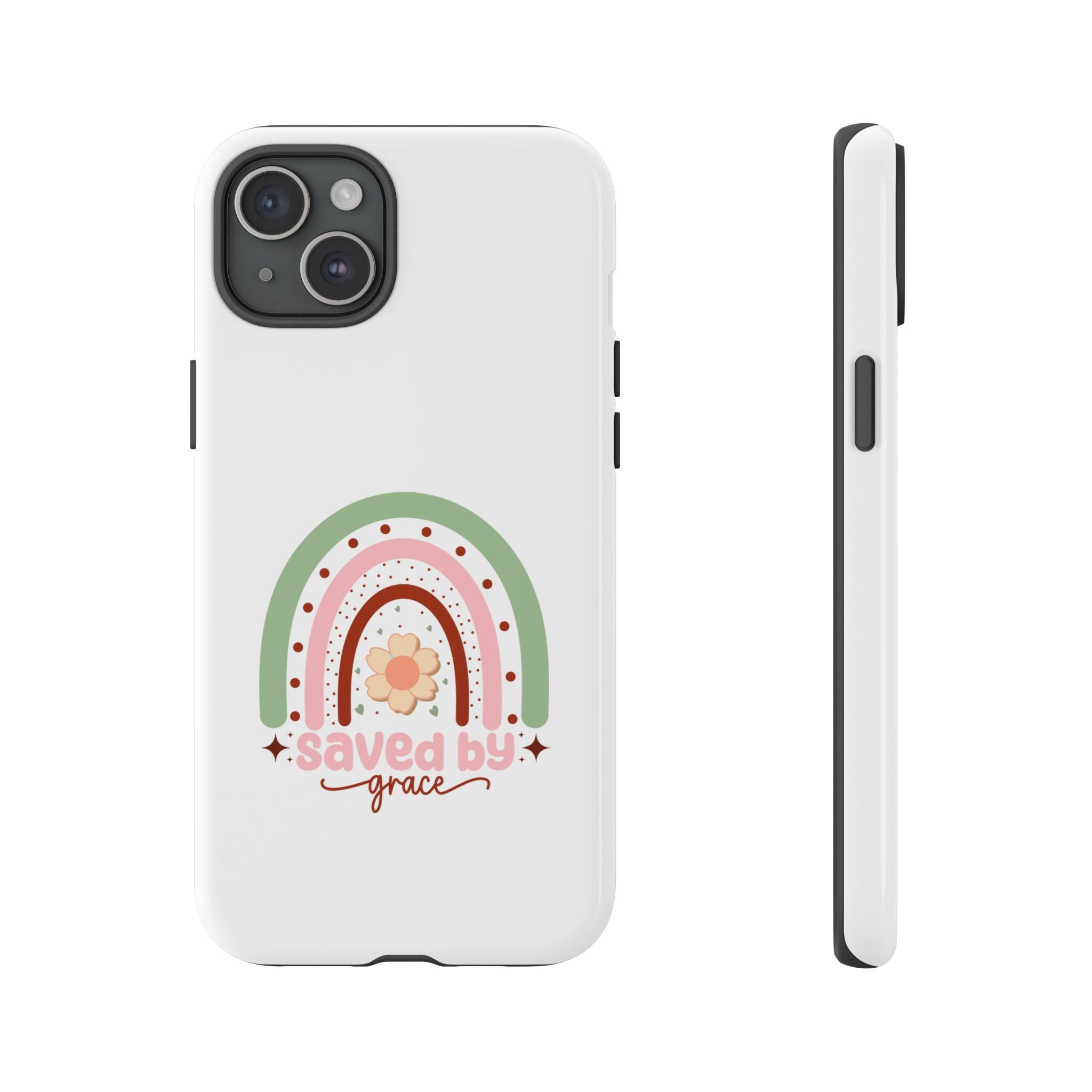 White iPhone case with rainbow graphic saying Saved by Grace displayed on an iPhone 15 Plus