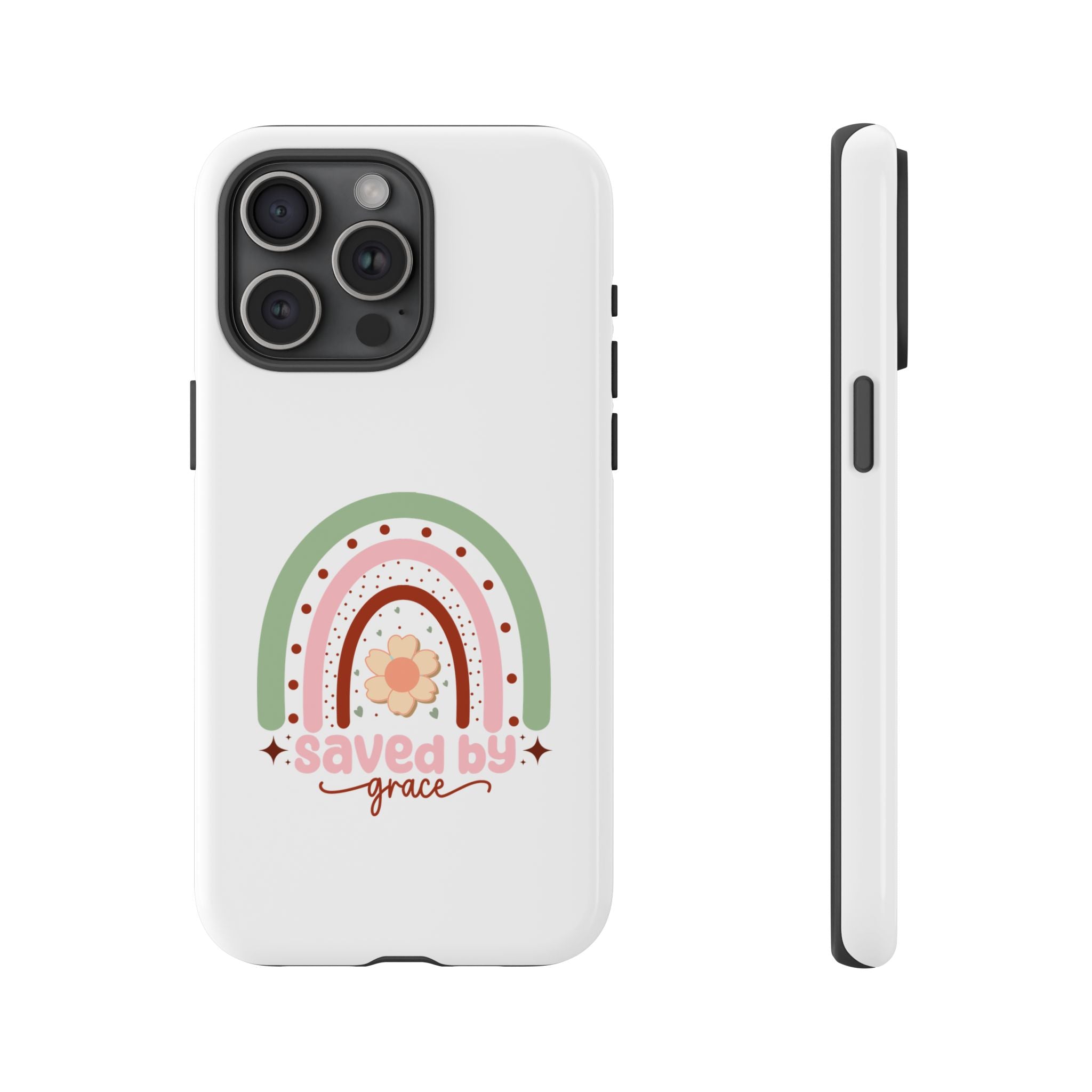 White iPhone case with rainbow graphic saying Saved by Grace displayed on an iPhone 15 Pro Max
