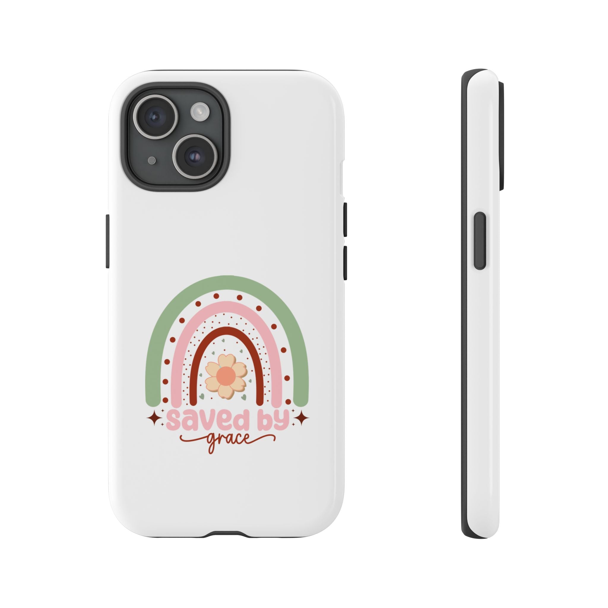 White iPhone case with rainbow graphic saying Saved by Grace displayed on an iPhone 15 