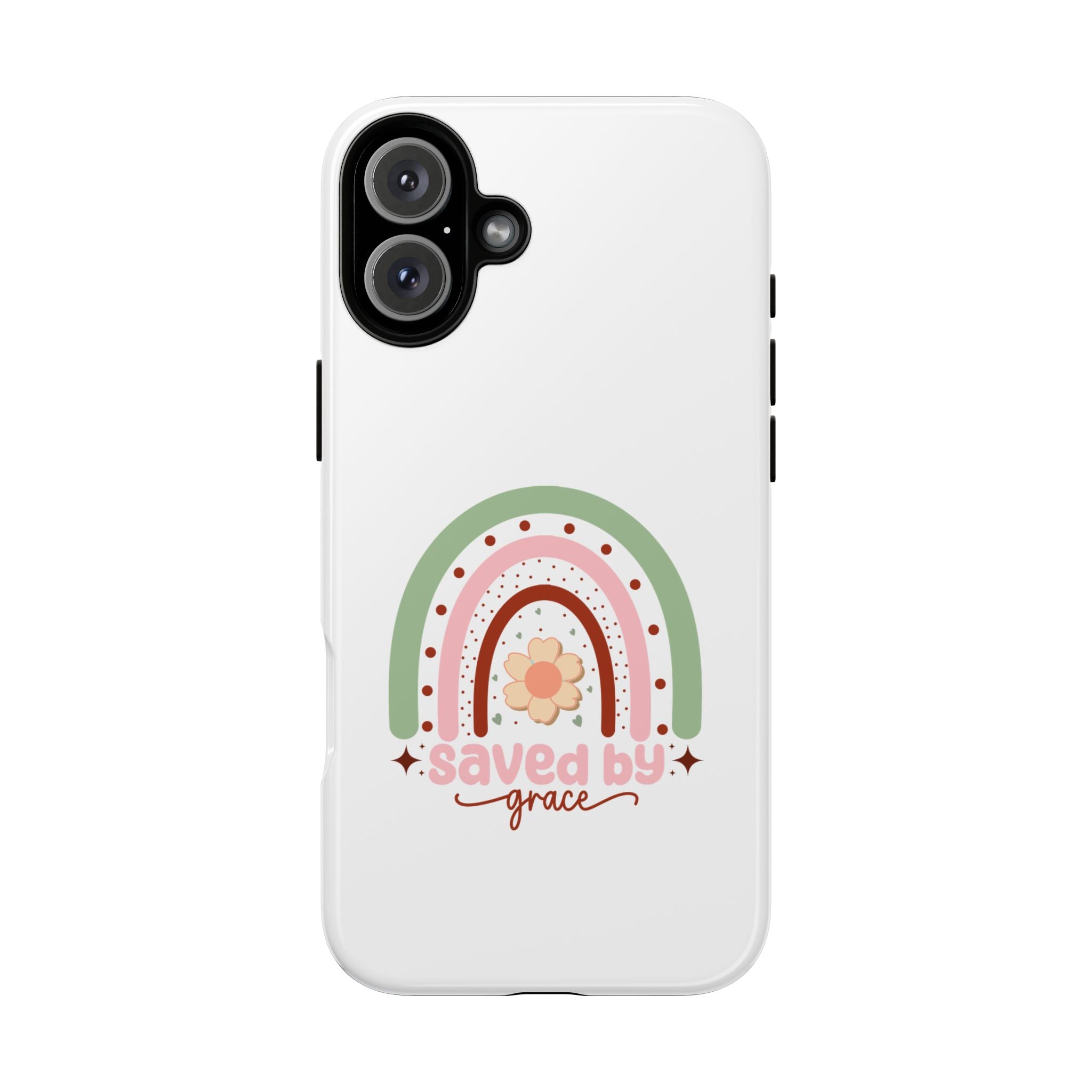 White iPhone case with rainbow graphic saying Saved by Grace displayed on an iPhone 16 Plus