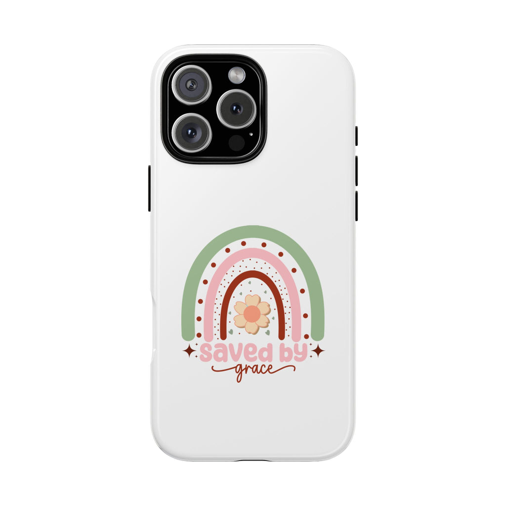 White iPhone case with rainbow graphic saying Saved by Grace displayed on an iPhone 16 Pro Max