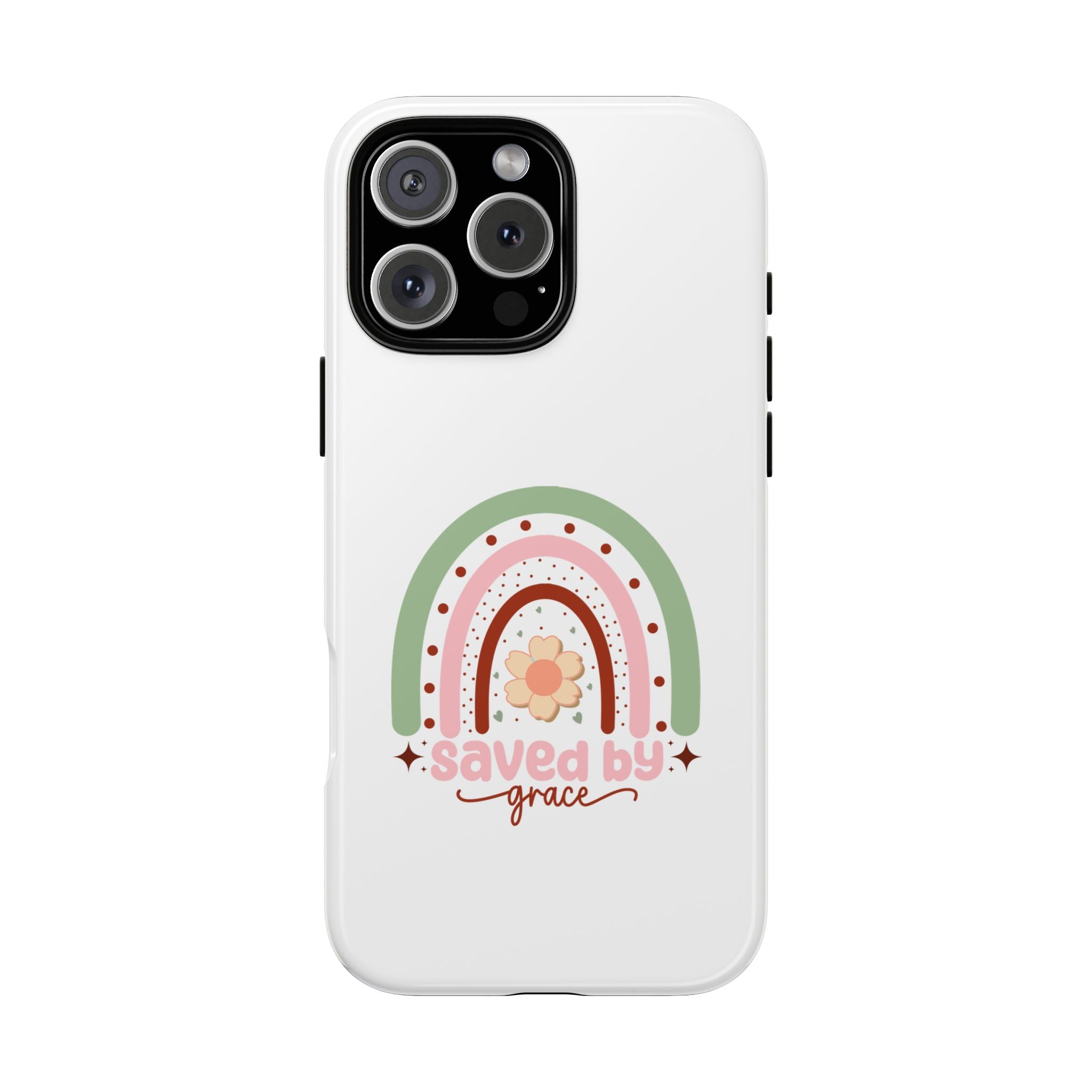 White iPhone case with rainbow graphic saying Saved by Grace displayed on an iPhone 16 Pro Max