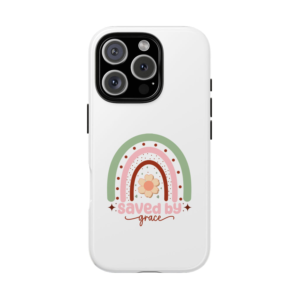 White iPhone case with rainbow graphic saying Saved by Grace displayed on an iPhone 16 Pro