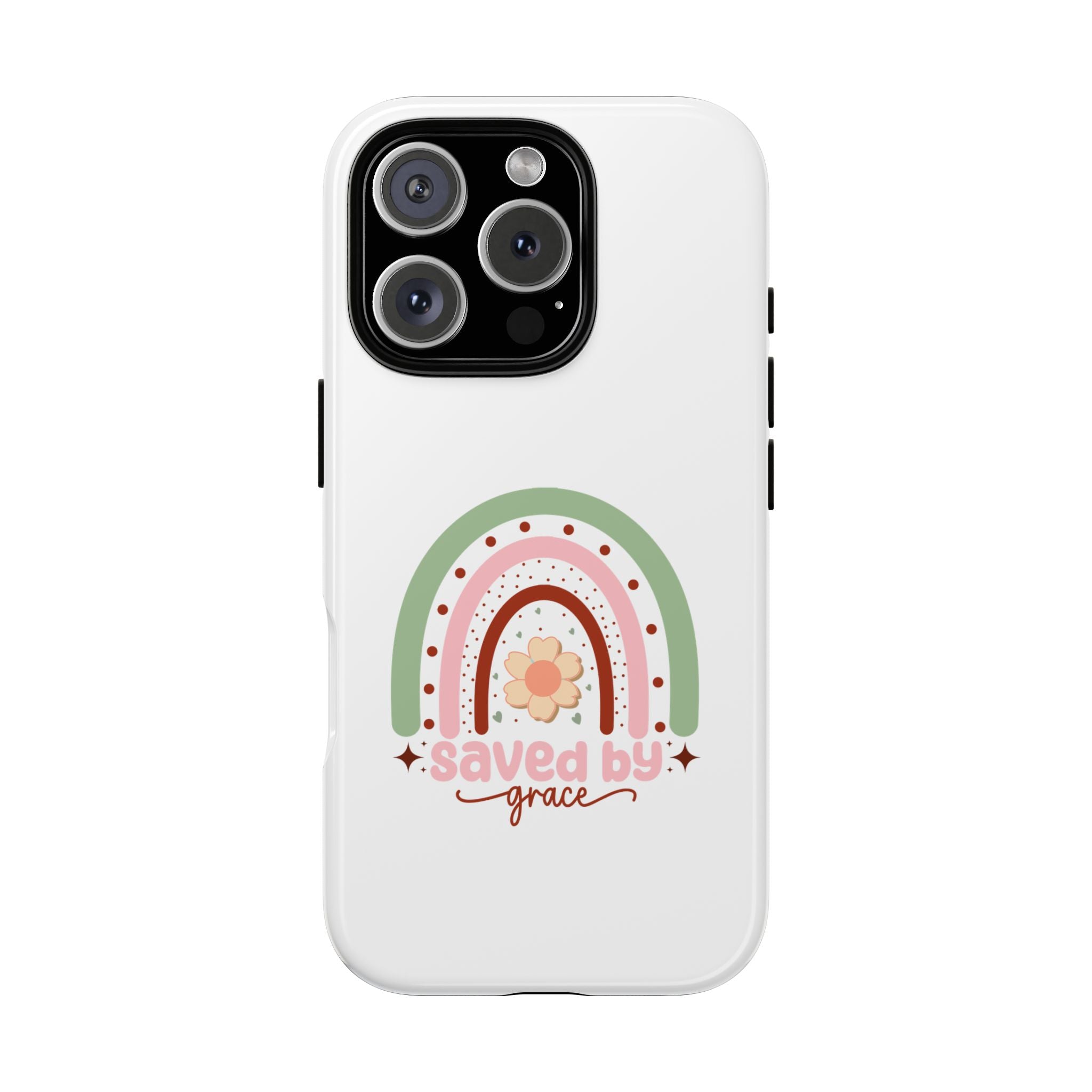 White iPhone case with rainbow graphic saying Saved by Grace displayed on an iPhone 16 Pro