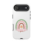 White iPhone case with rainbow graphic saying Saved by Grace displayed on an iPhone 17 Air