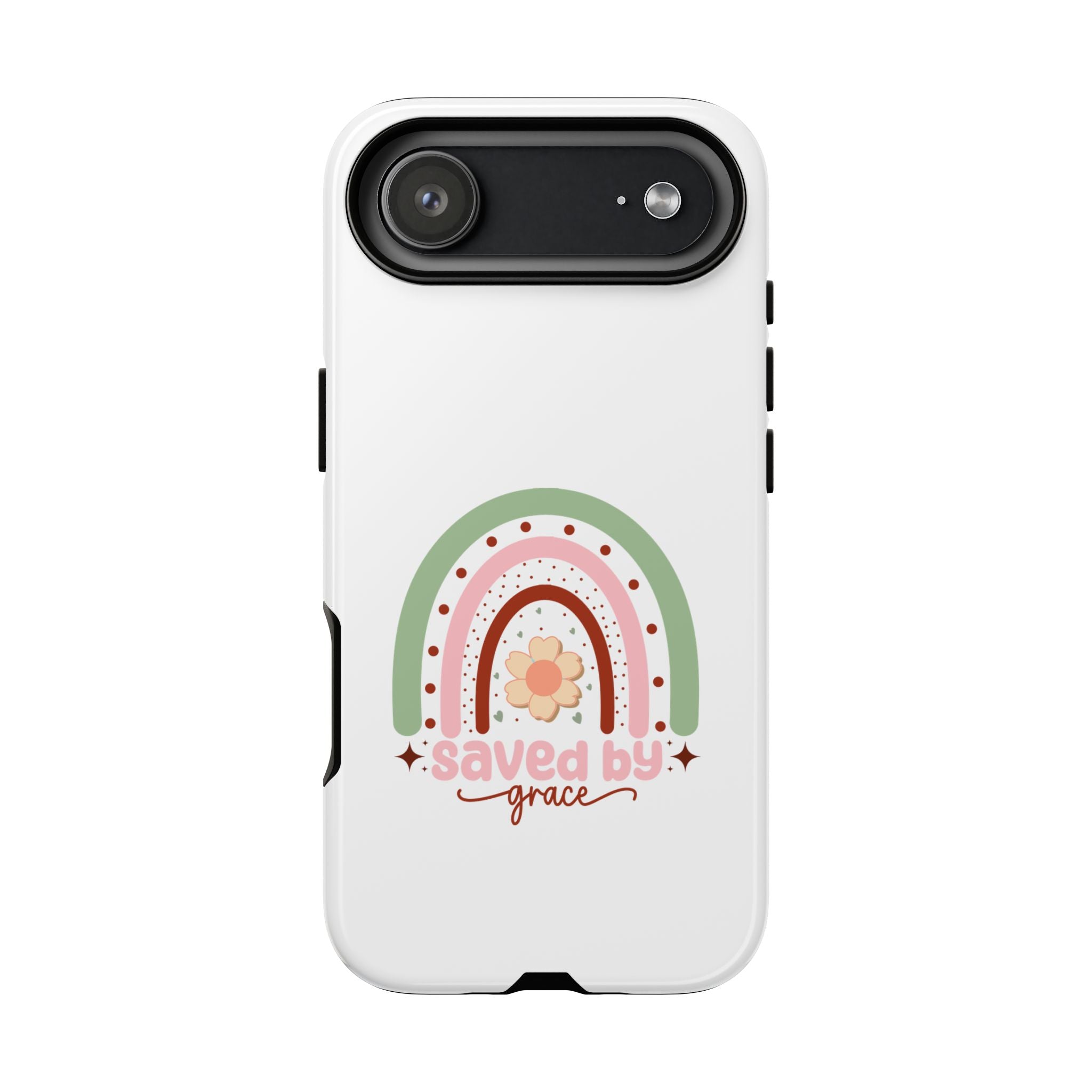 White iPhone case with rainbow graphic saying Saved by Grace displayed on an iPhone 17 Air