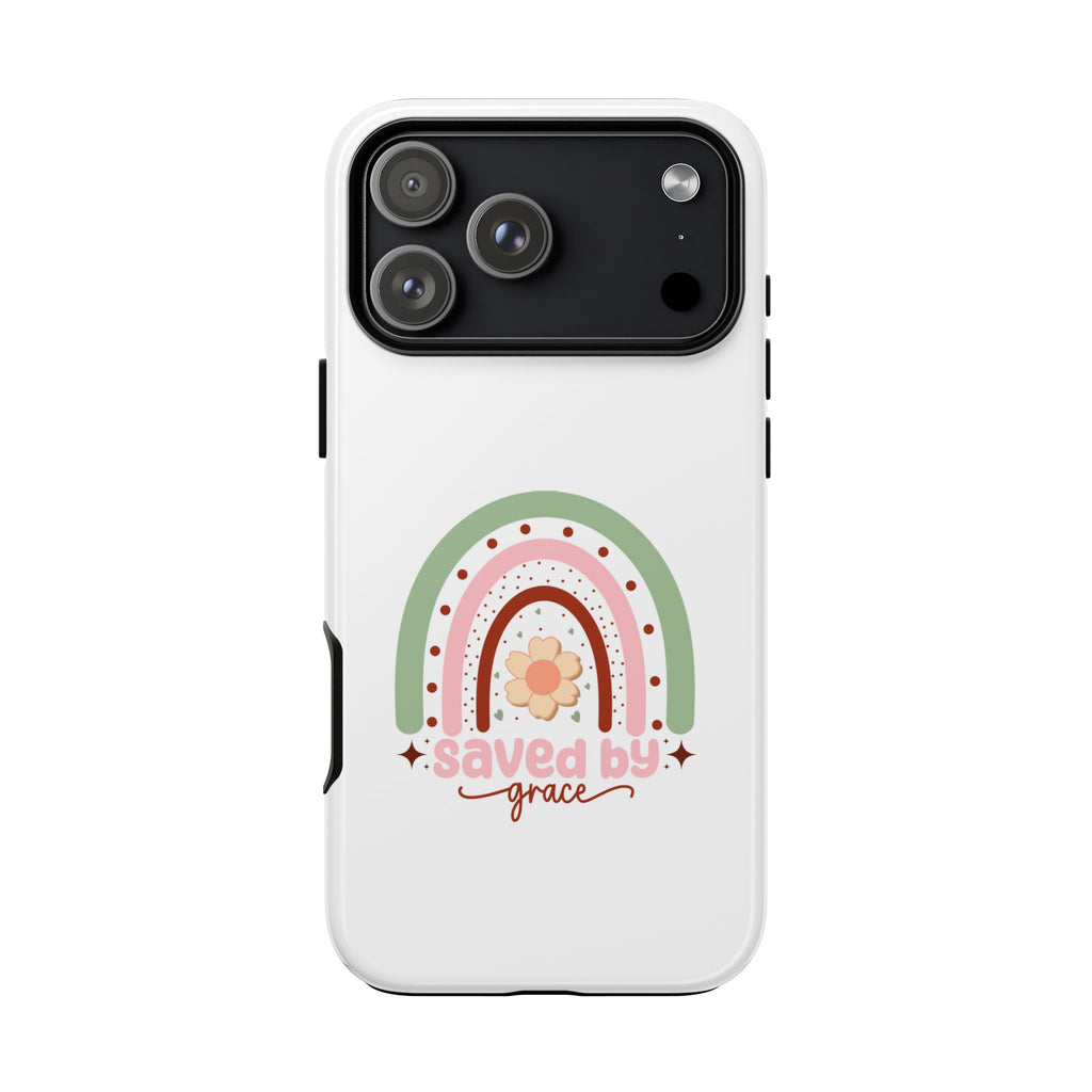 White iPhone case with rainbow graphic saying Saved by Grace displayed on an iPhone 17 Pro Max