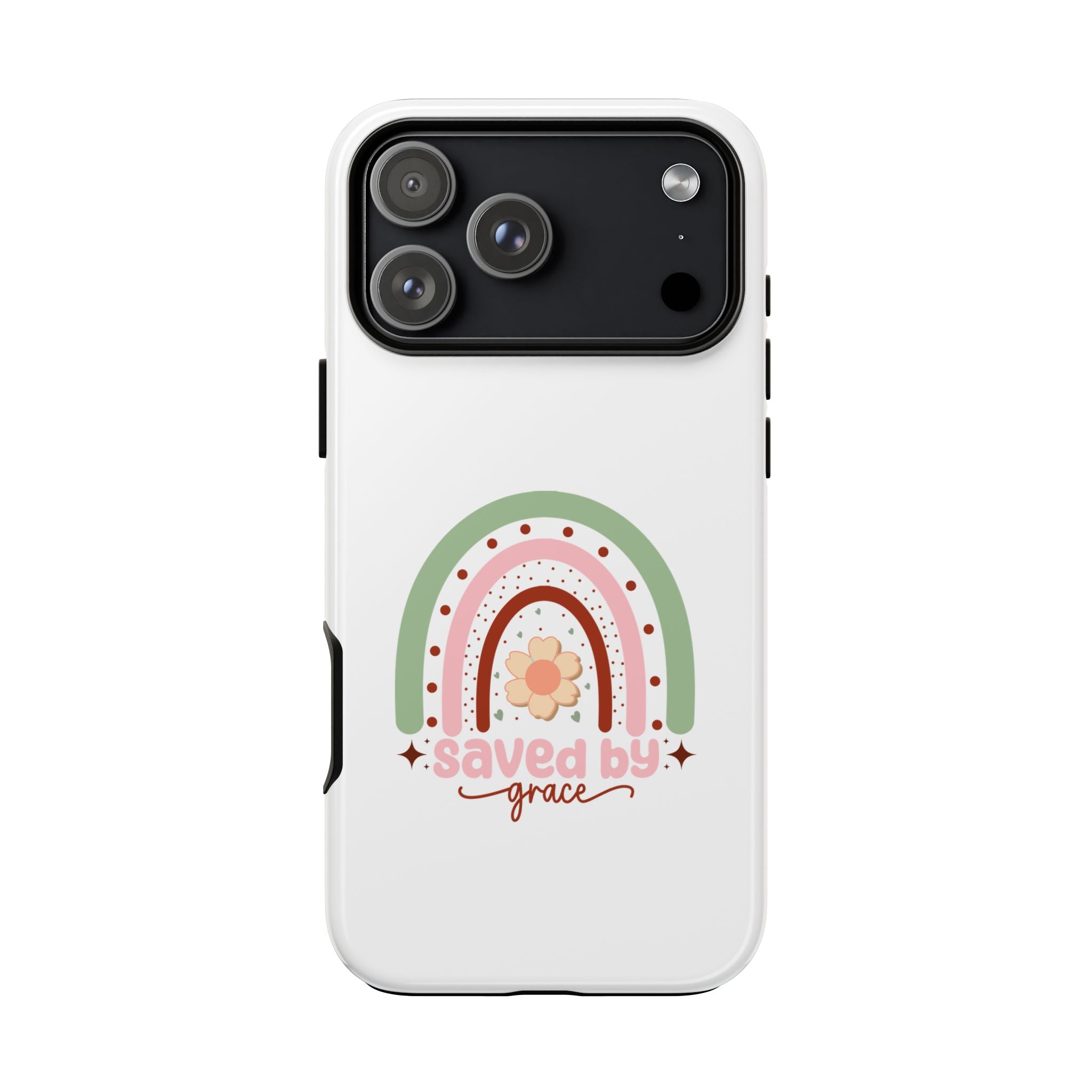 White iPhone case with rainbow graphic saying Saved by Grace displayed on an iPhone 17 Pro Max