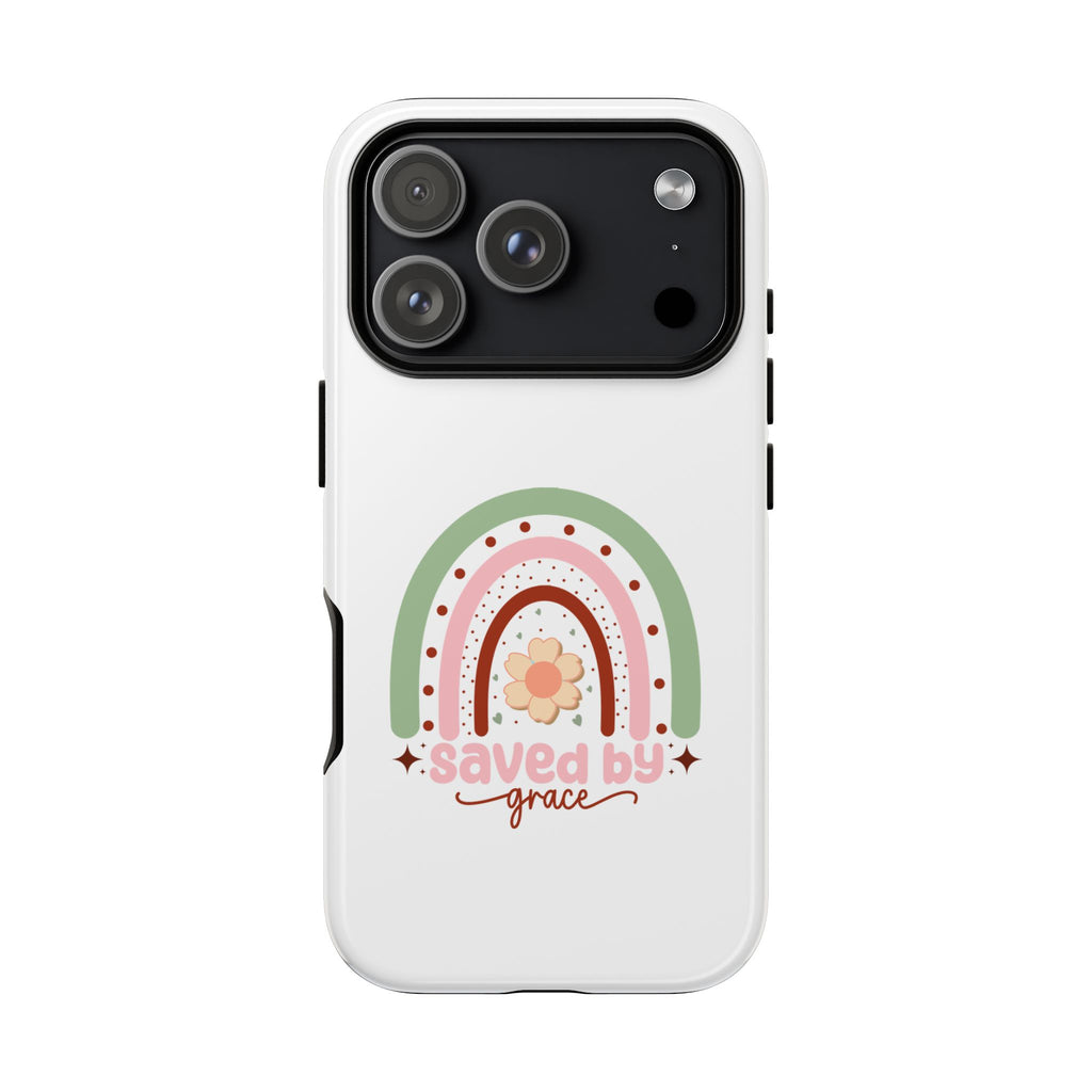 White iPhone case with rainbow graphic saying Saved by Grace displayed on an iPhone 17 Pro