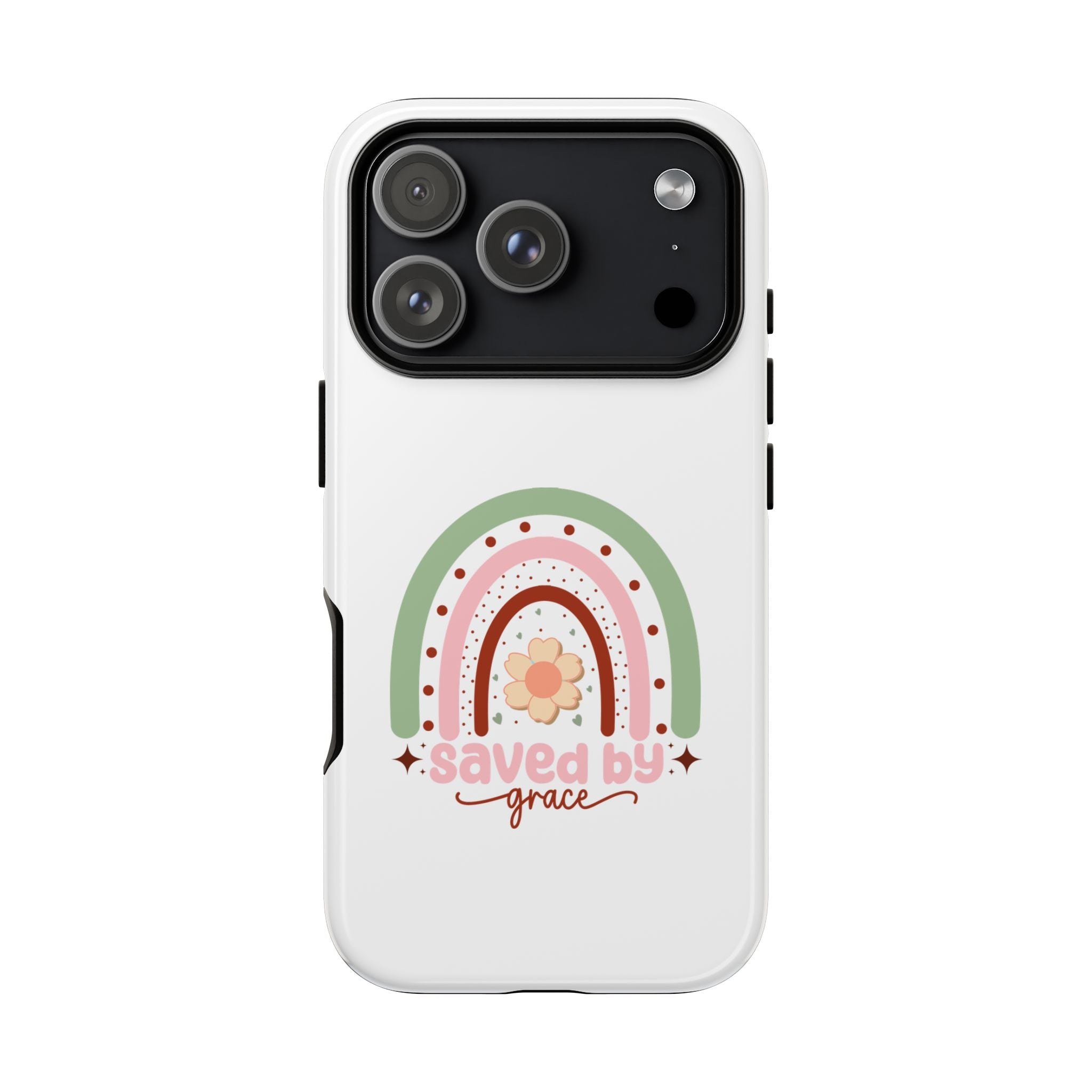 White iPhone case with rainbow graphic saying Saved by Grace displayed on an iPhone 17 Pro