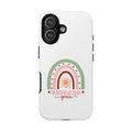 White iPhone case with rainbow graphic saying Saved by Grace displayed on an iPhone 17