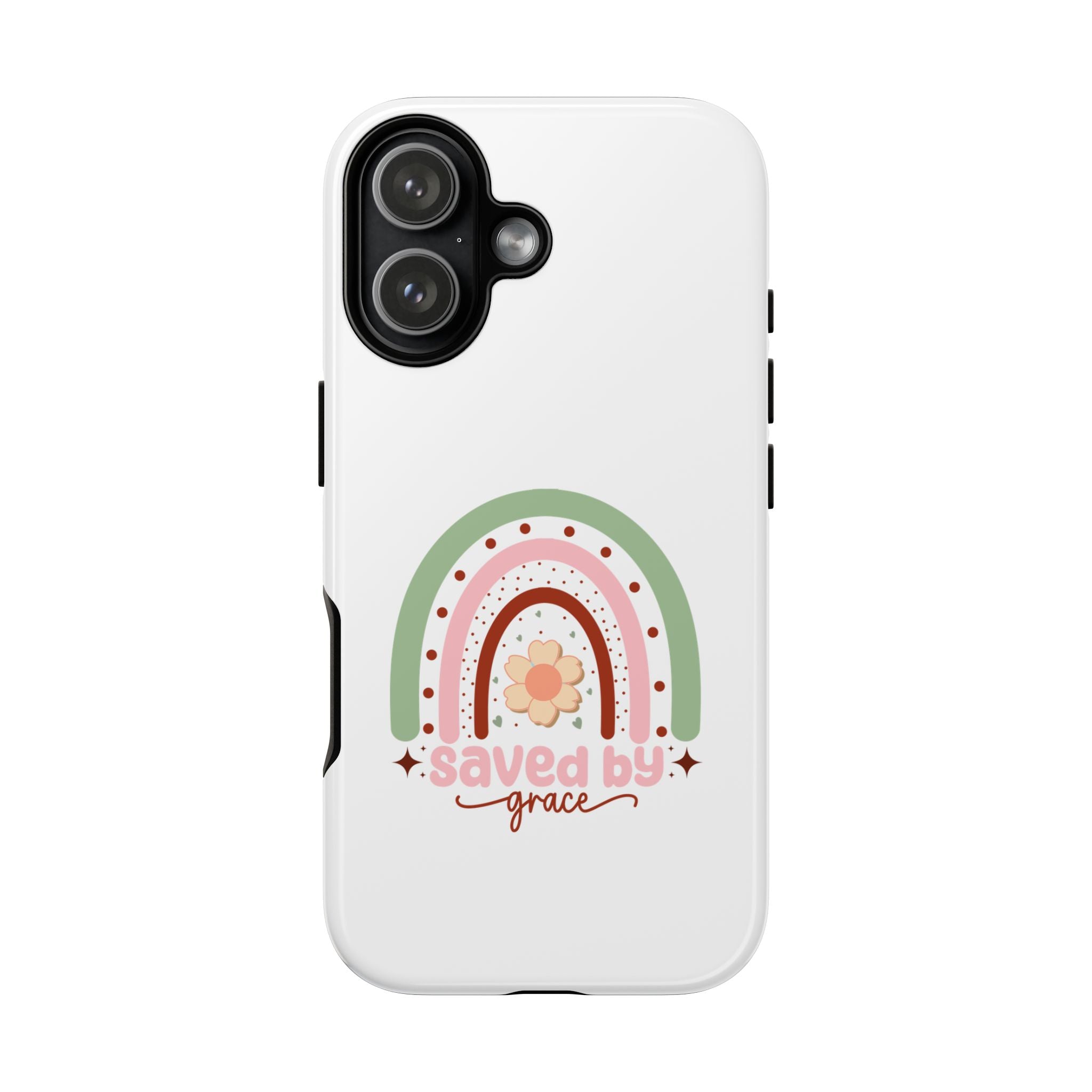 White iPhone case with rainbow graphic saying Saved by Grace displayed on an iPhone 17