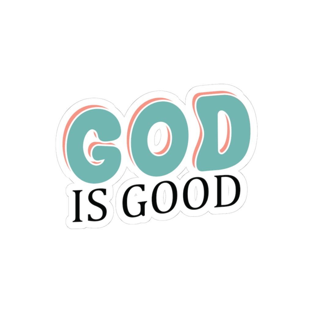 Retro-style sticker with colorful text saying God Is Good