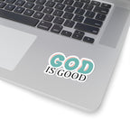 Retro-style sticker with colorful text saying God Is Good. Displayed on laptop.