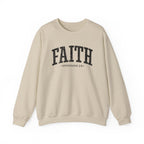 Front view of Sand crewneck sweatshirt with black large FAITH text and Ephesians 2:8 below it across chest