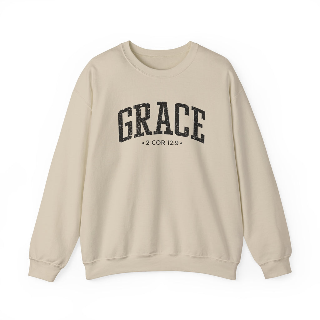 Front view of Sand crewneck sweatshirt with black large GRACE text and 2 COR 12:9 below it across chest