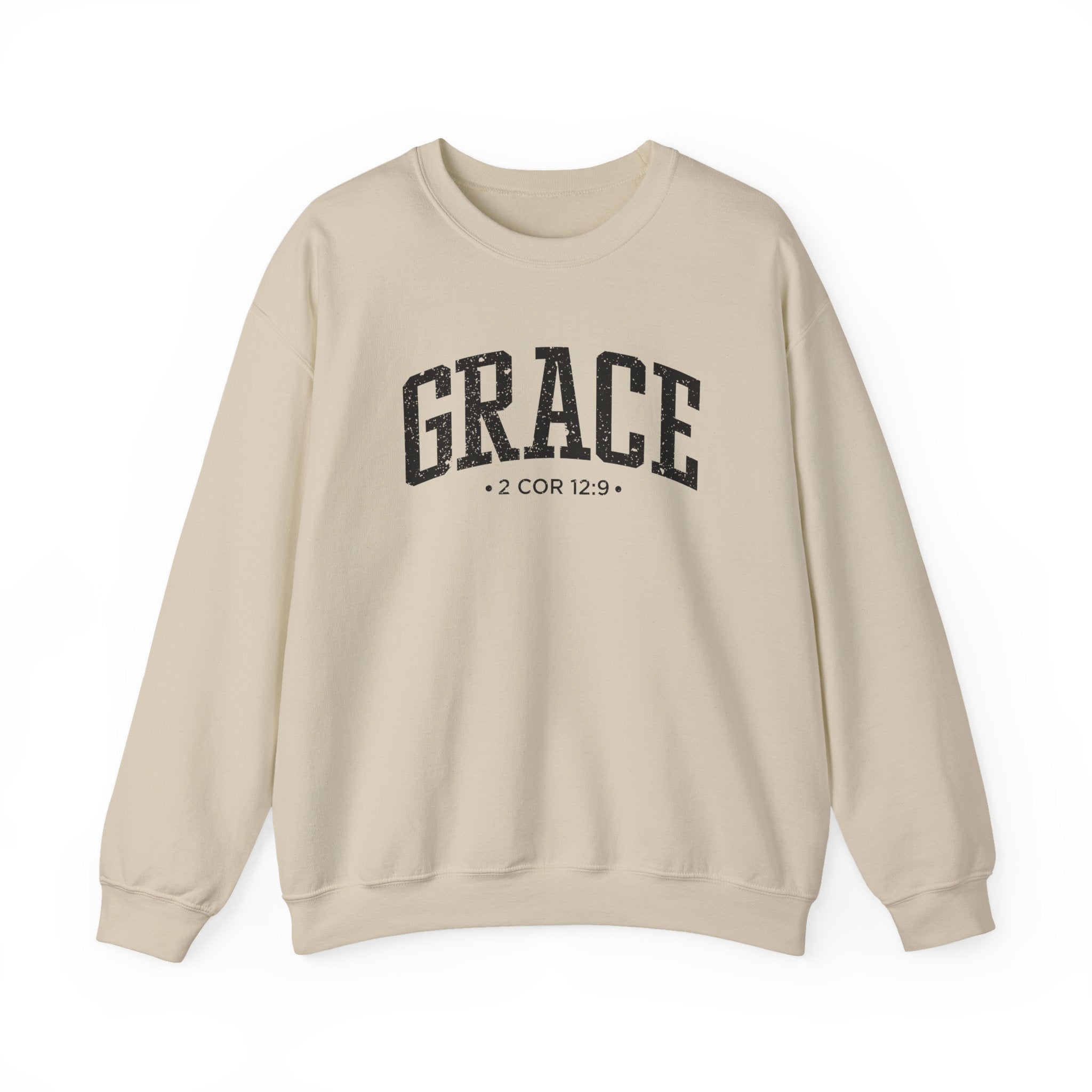 Front view of Sand crewneck sweatshirt with black large GRACE text and 2 COR 12:9 below it across chest