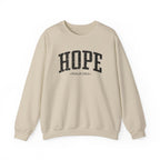 Front view of Sand crewneck sweatshirt with black large HOPE text and Psalm 130:5 below it across chest