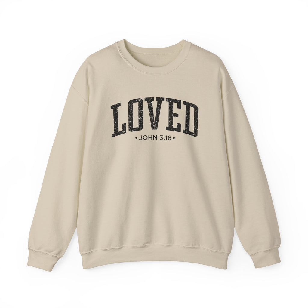 Front view of Sand crewneck sweatshirt with black large LOVED text and John 3:16 below it across chest