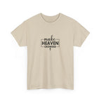 Front view of Sand t-shirt with black text Make Heaven Crowded centered on chest