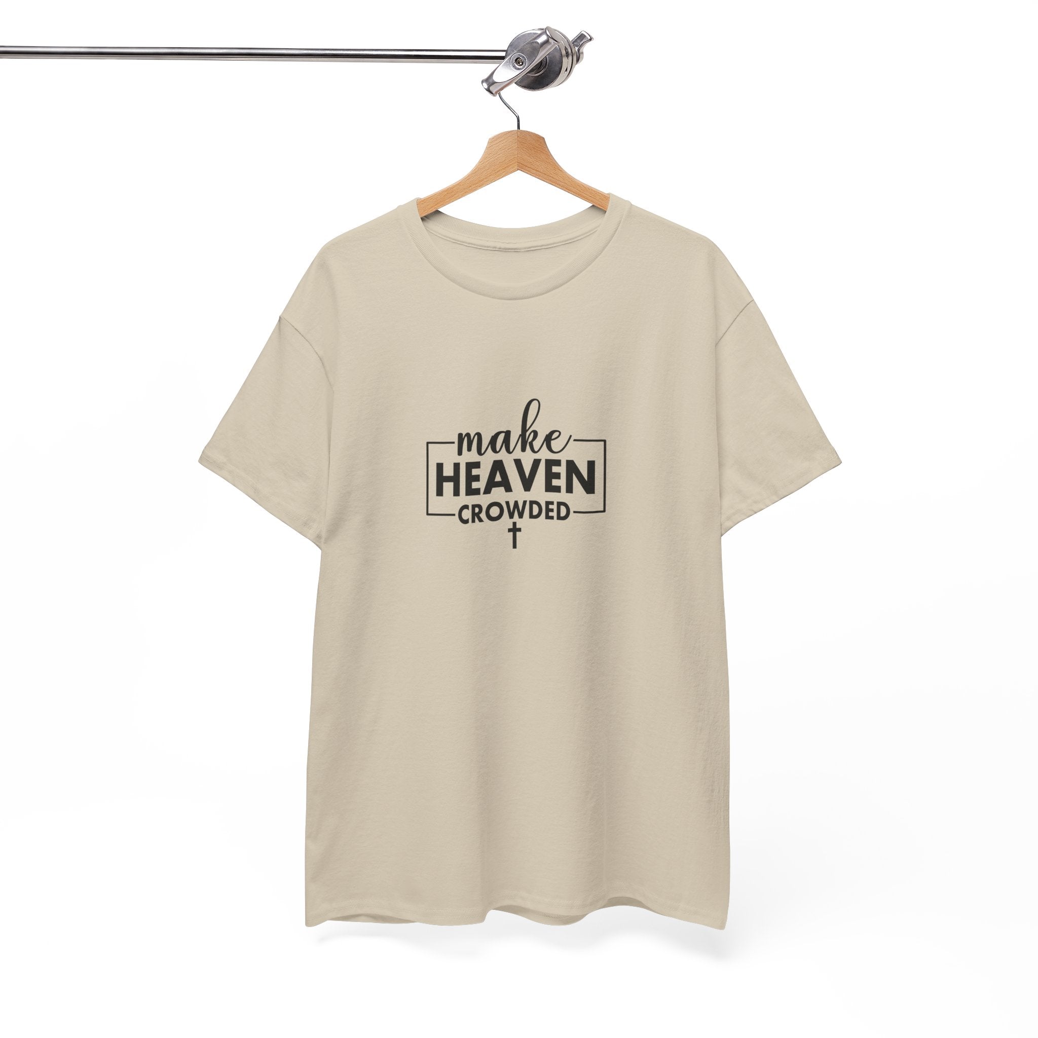 Front view of Sand t-shirt with black text Make Heaven Crowded centered on chest. Displayed on a hanger.