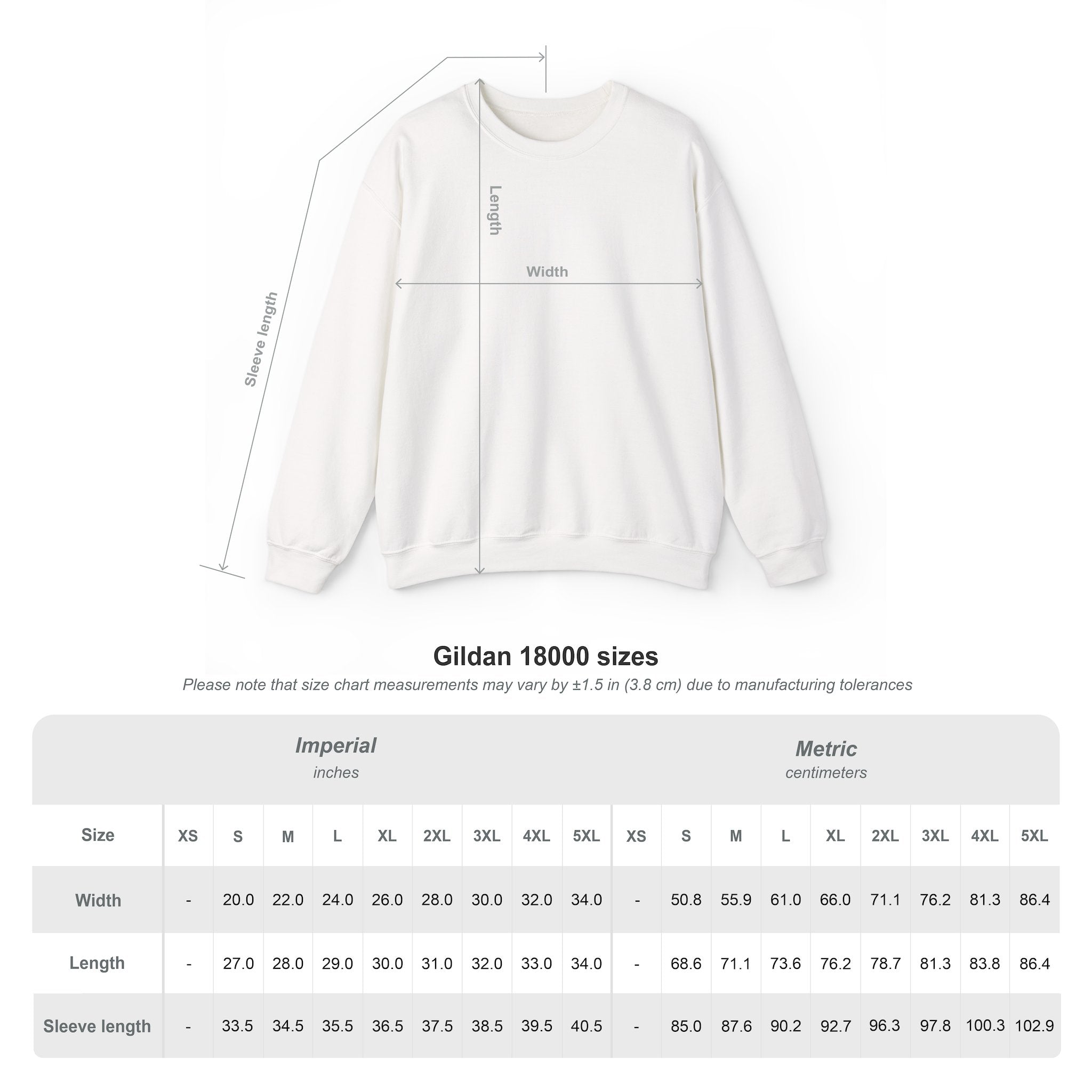 Measurement size chart for Gildan 18000 unisex crewneck sweatshirts