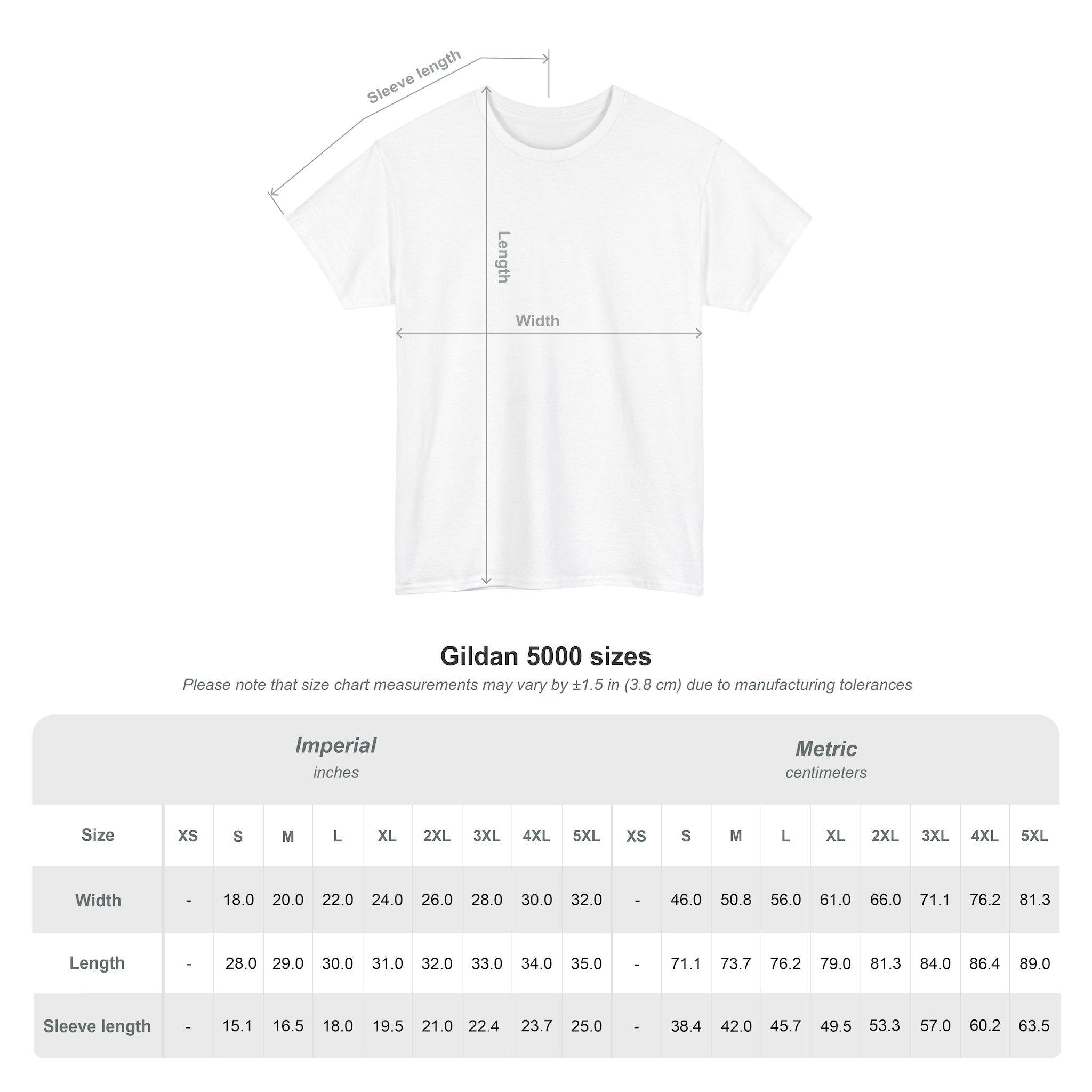 Measurement size chart for Gildan 5000 unisex t-shirts