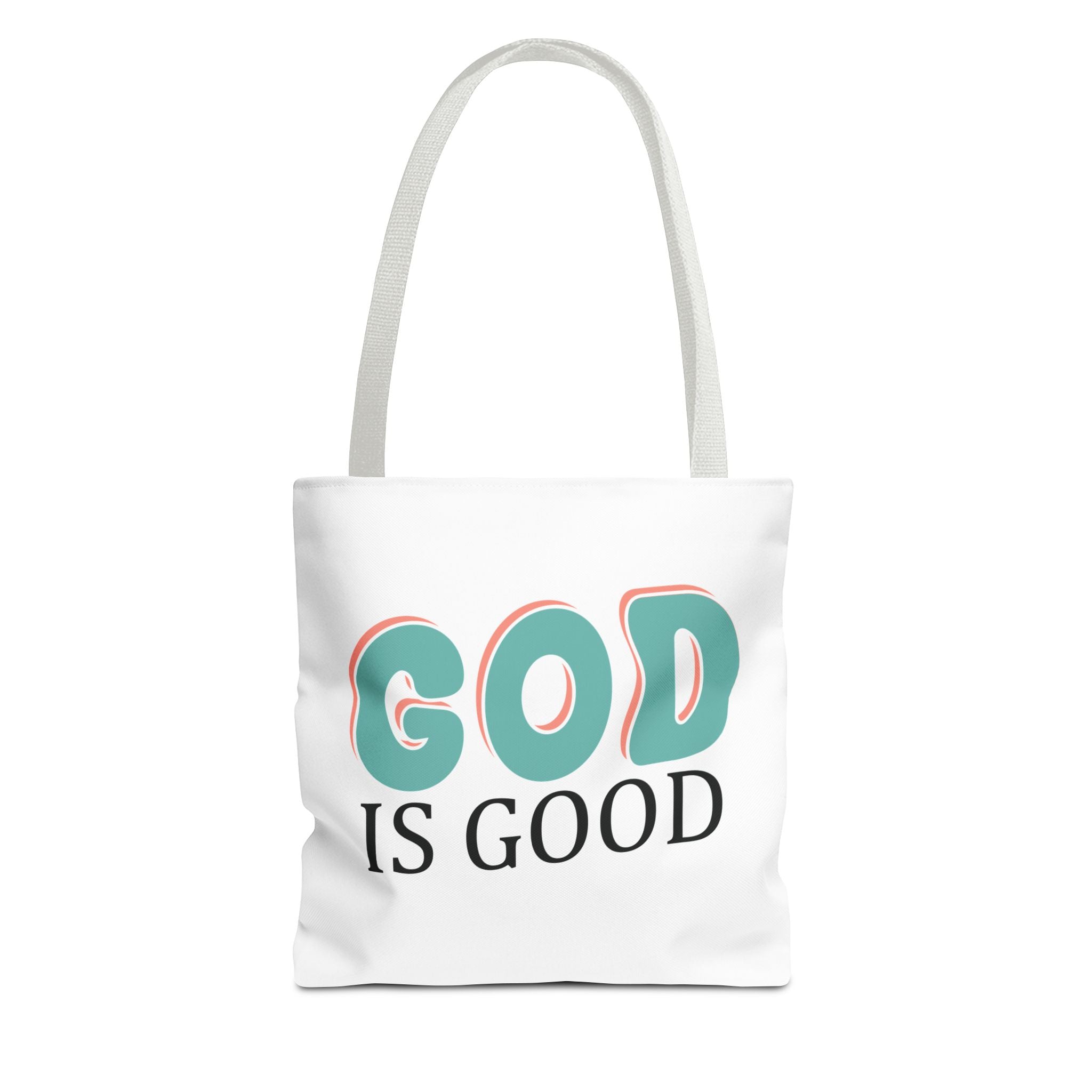 Front view of small White tote bag with white handles and colorful graphic that says God is Good