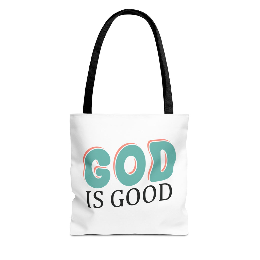 Front view of small White tote bag with black handles and colorful graphic that says God is Good