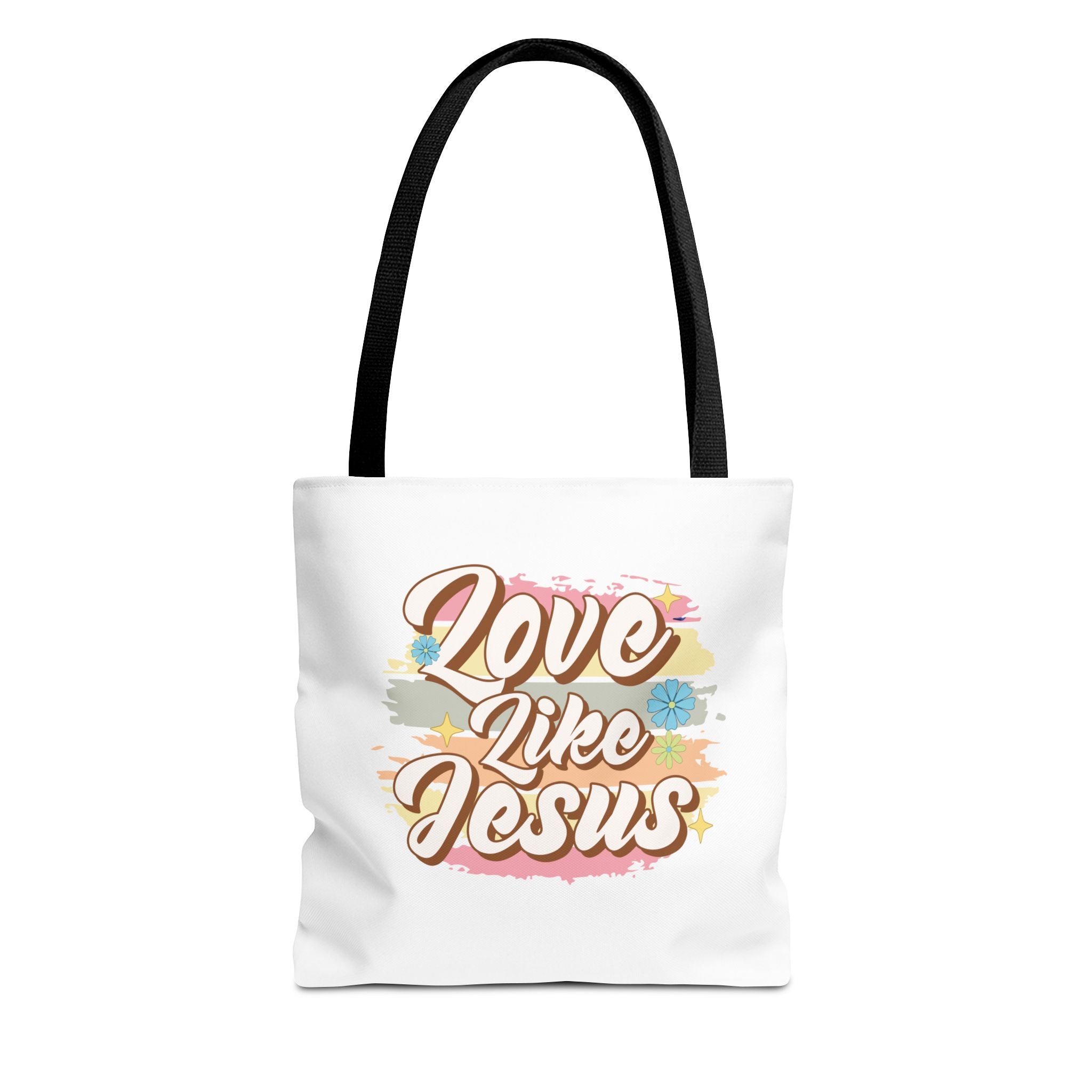Front view of small White tote bag with black handles and colorful graphic with text Love Like Jesus