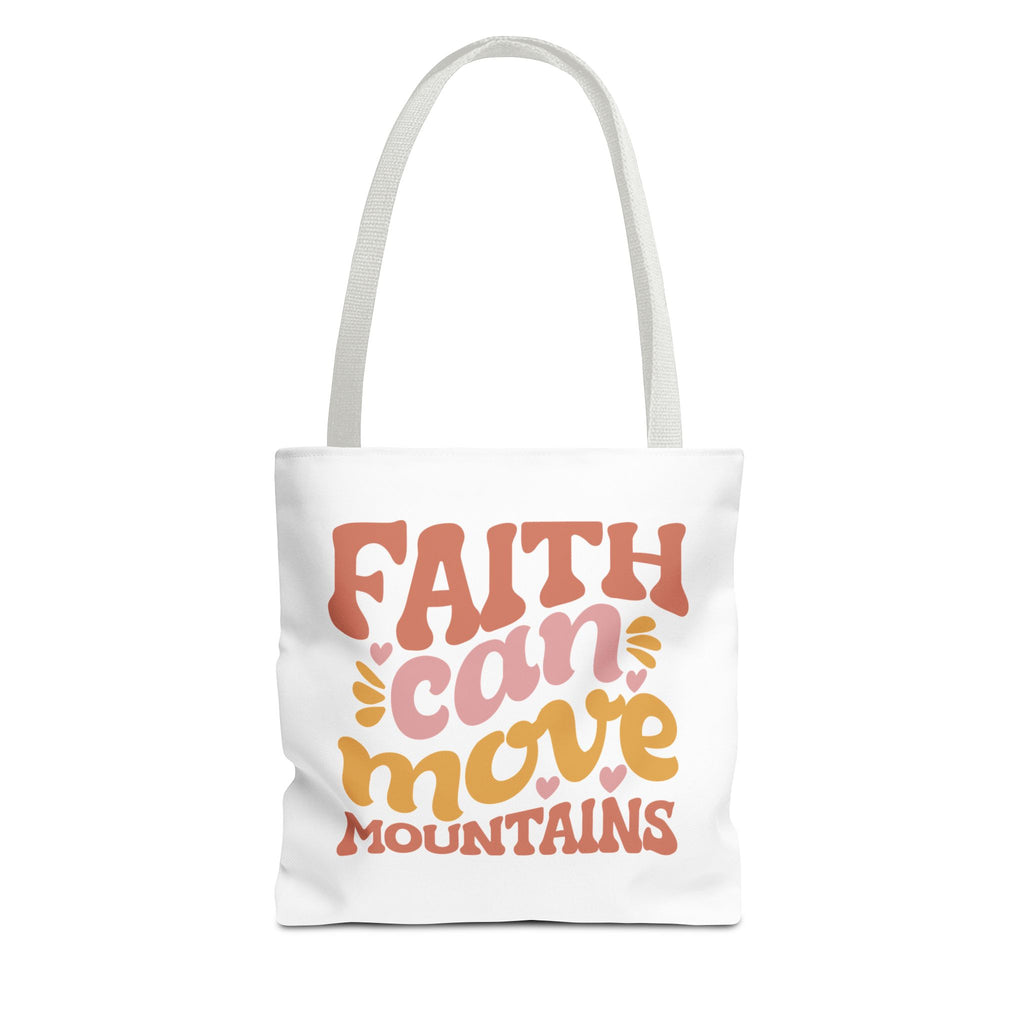 Front view of small White tote bag with white handles and colorful graphic that says Faith Can Move Mountains