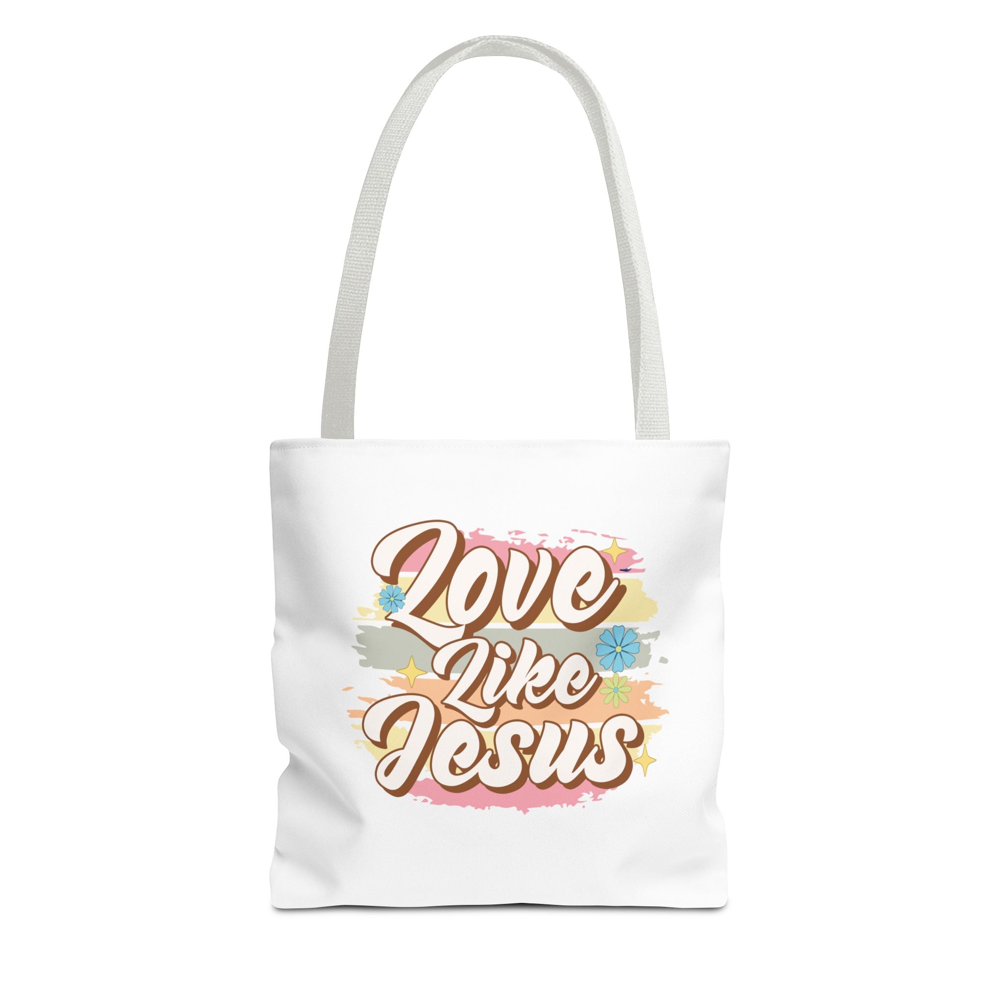 Front view of small White tote bag with white handles and colorful graphic with text Love Like Jesus