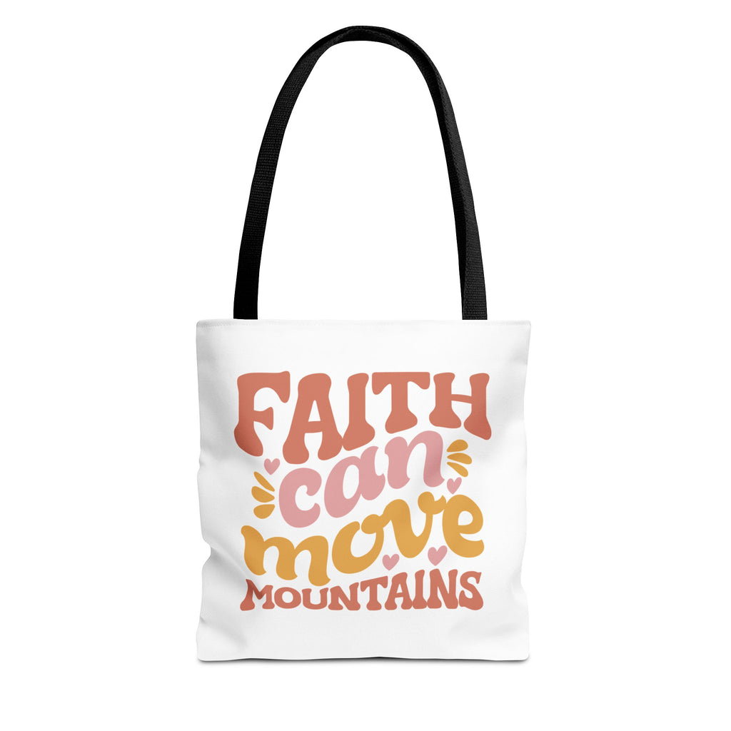 Front view of small White tote bag with black handles and colorful graphic that says Faith Can Move Mountains