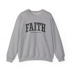 Front view of Sport Grey crewneck sweatshirt with black large FAITH text and Ephesians 2:8 below it across chest