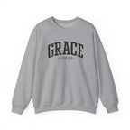 Front view of Sport Grey crewneck sweatshirt with black large GRACE text and 2 COR 12:9 below it across chest