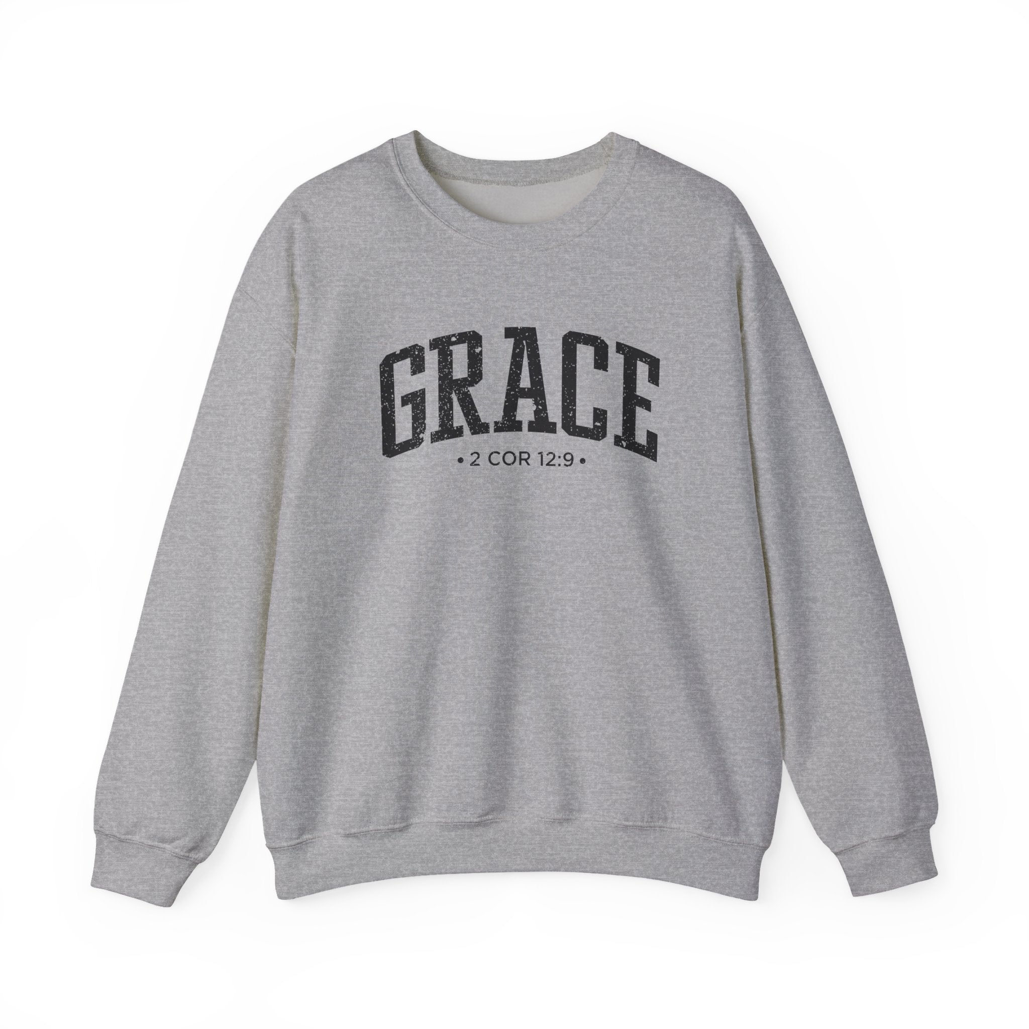 Front view of Sport Grey crewneck sweatshirt with black large GRACE text and 2 COR 12:9 below it across chest