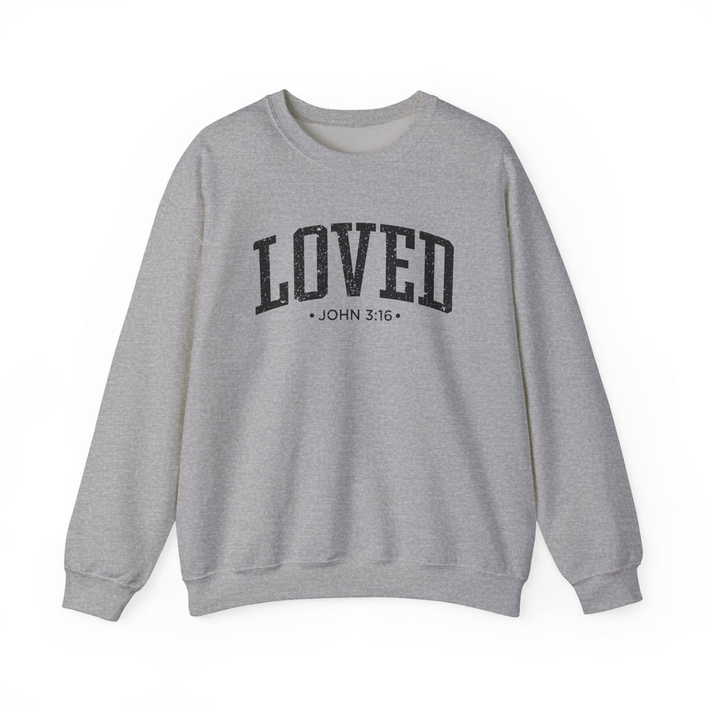 Front view of Sport Grey crewneck sweatshirt with black large LOVED text and John 3:16 below it across chest