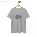 Front view of Sport Grey t-shirt with black text Make Heaven Crowded centered on chest. Displayed on a hanger.