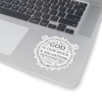 Sticker with black graphic and text saying God Is Our Rock & Salvation. Displayed on laptop.
