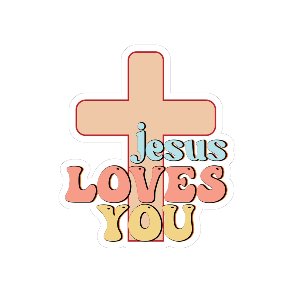 Sticker with colorful graphic and text saying Jesus Loves You