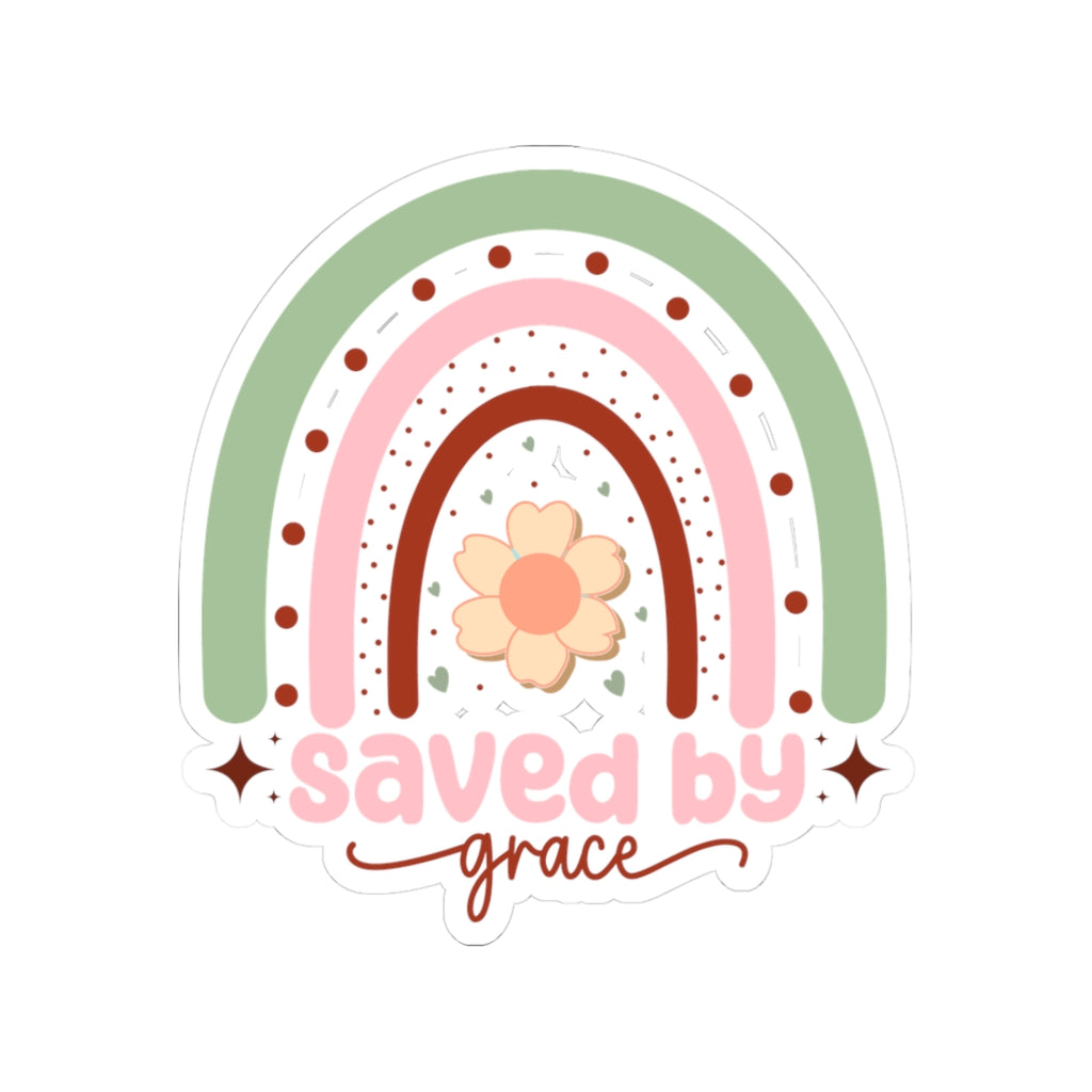 Sticker with pastel colored rainbow graphic with the text Saved by Grace
