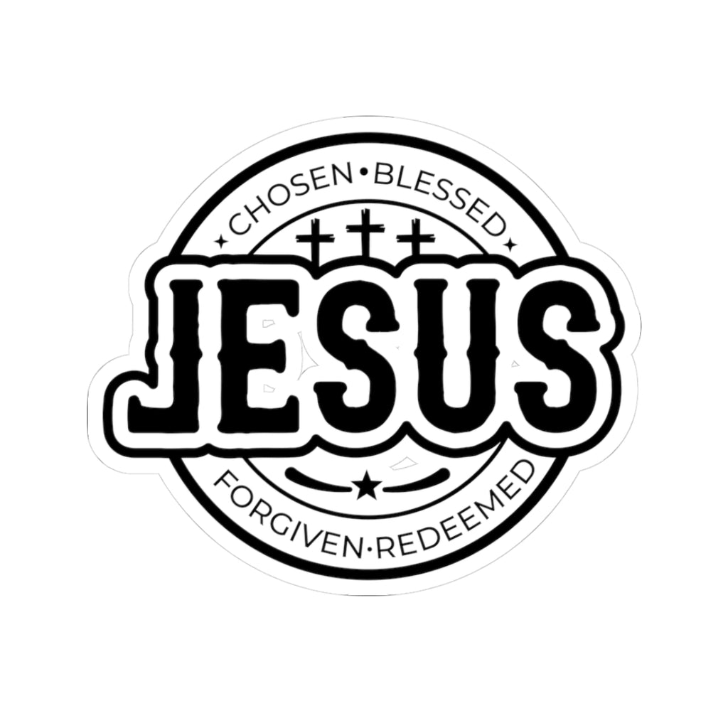Sticker with large JESUS text surrounded by religious words
