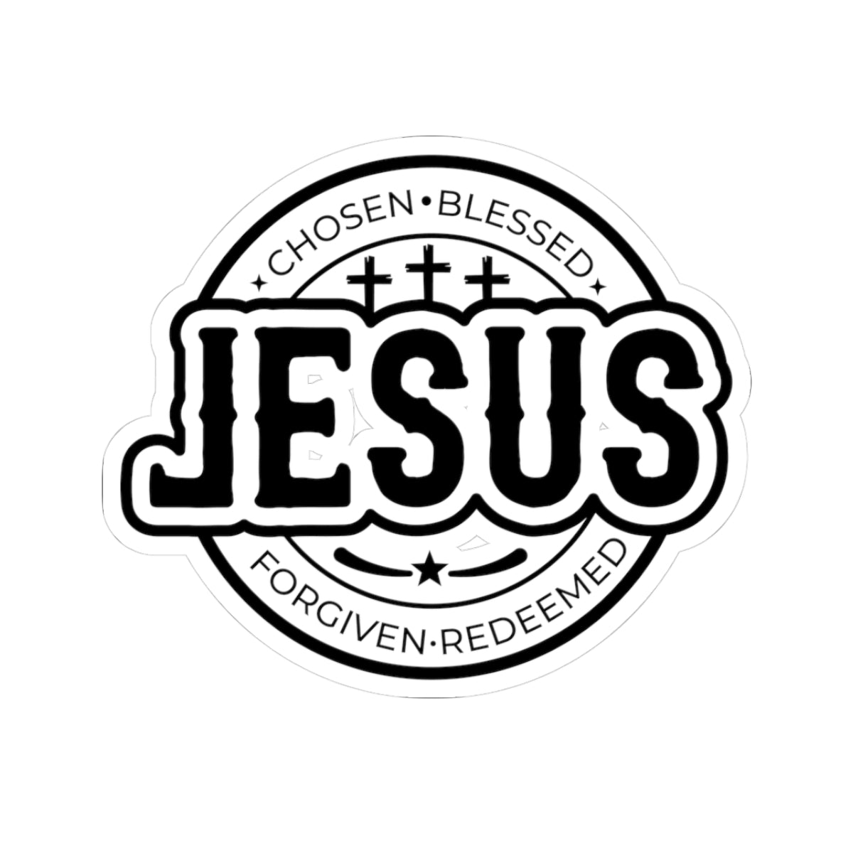 Sticker with large JESUS text surrounded by religious words