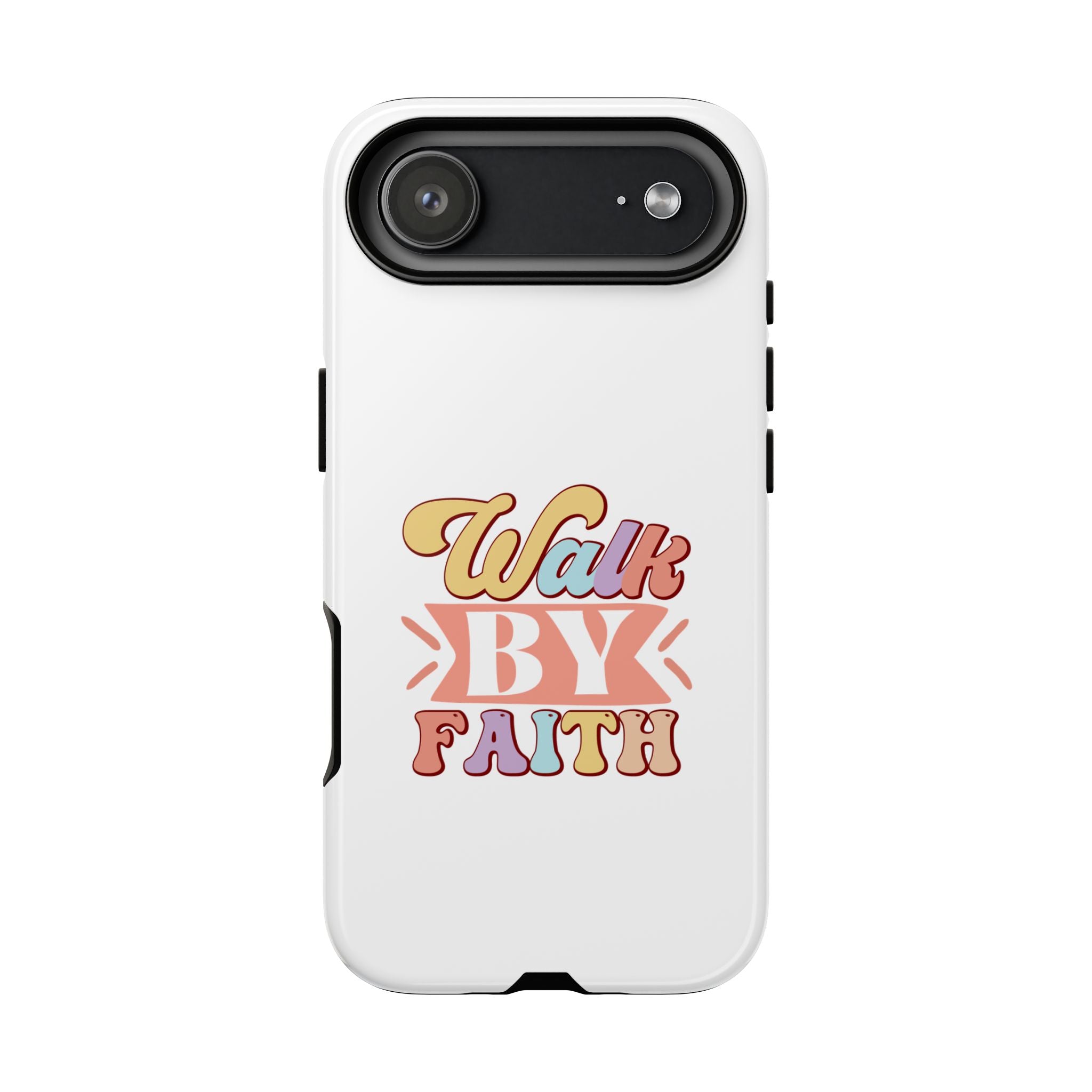 White iPhone case with colorful graphic saying Walk By Faith displayed on an iPhone 17 Air