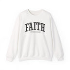 Front view of White crewneck sweatshirt with black large FAITH text and Ephesians 2:8 below it across chest